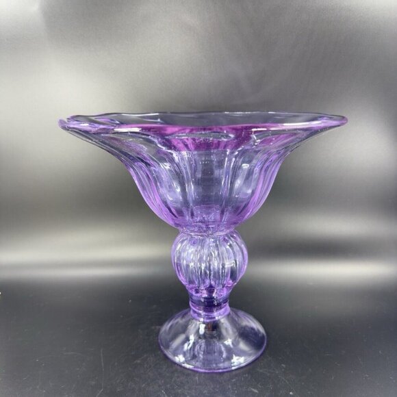 Large Hand Blown Pedestal Bright Purple Lilac Glass Bowl Footed Vase Vintage - Picture 14 of 16